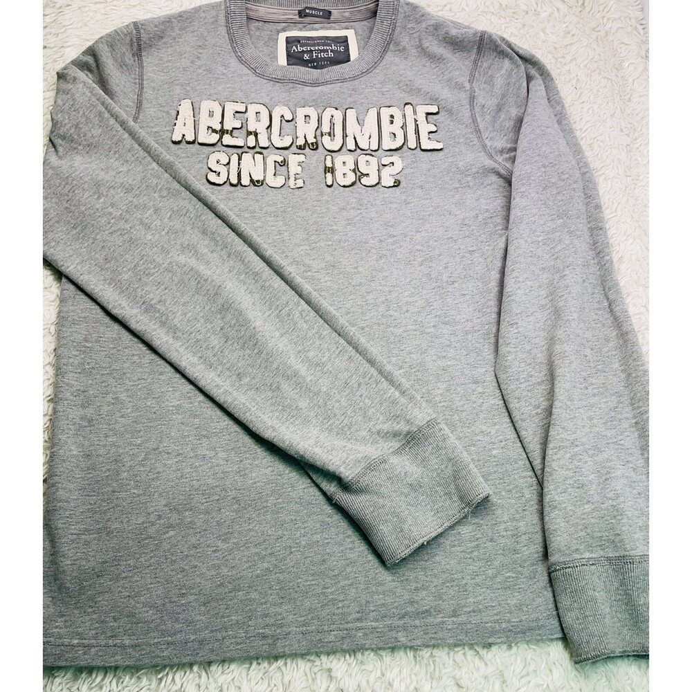 ABERCROMBIE & FITCH Long Sleeve TOP MENS sz L MUSCLE VGC Stitched Logo Gray Y2K
